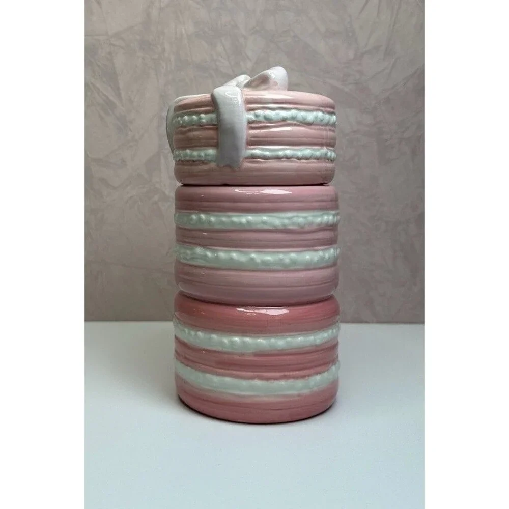 Pink Macaron Ceramic Canister Jar w/ Bow Lid | Coquette Paris Kitchen Décor
